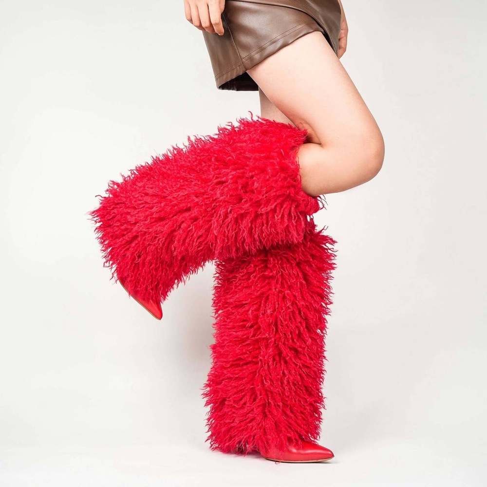 GODDESS LUXE Red Faux Fur Stiletto Statement Heeled Boots | Nu Shuz Key West